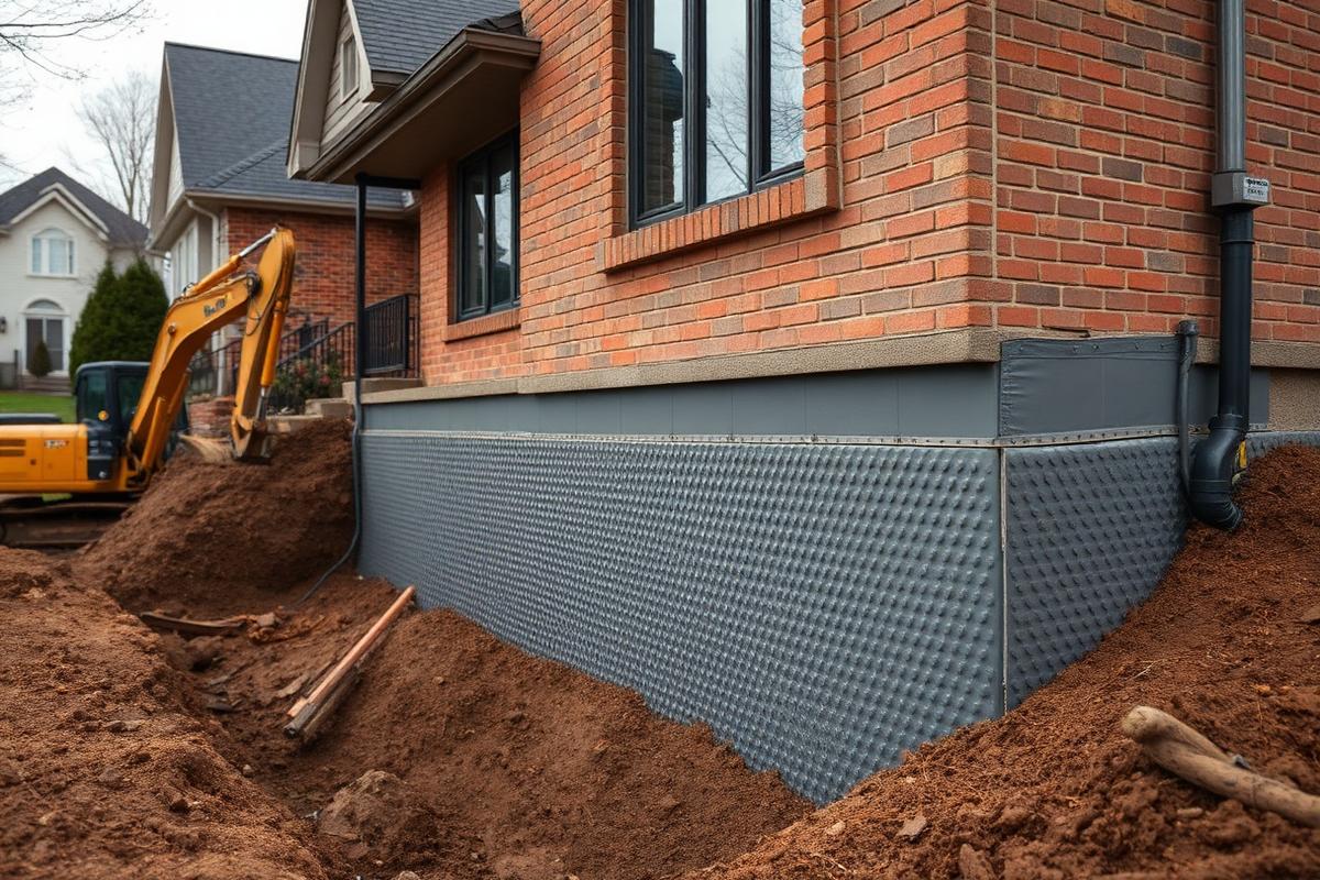 Exterior foundation waterproofing membrane on a North York house
