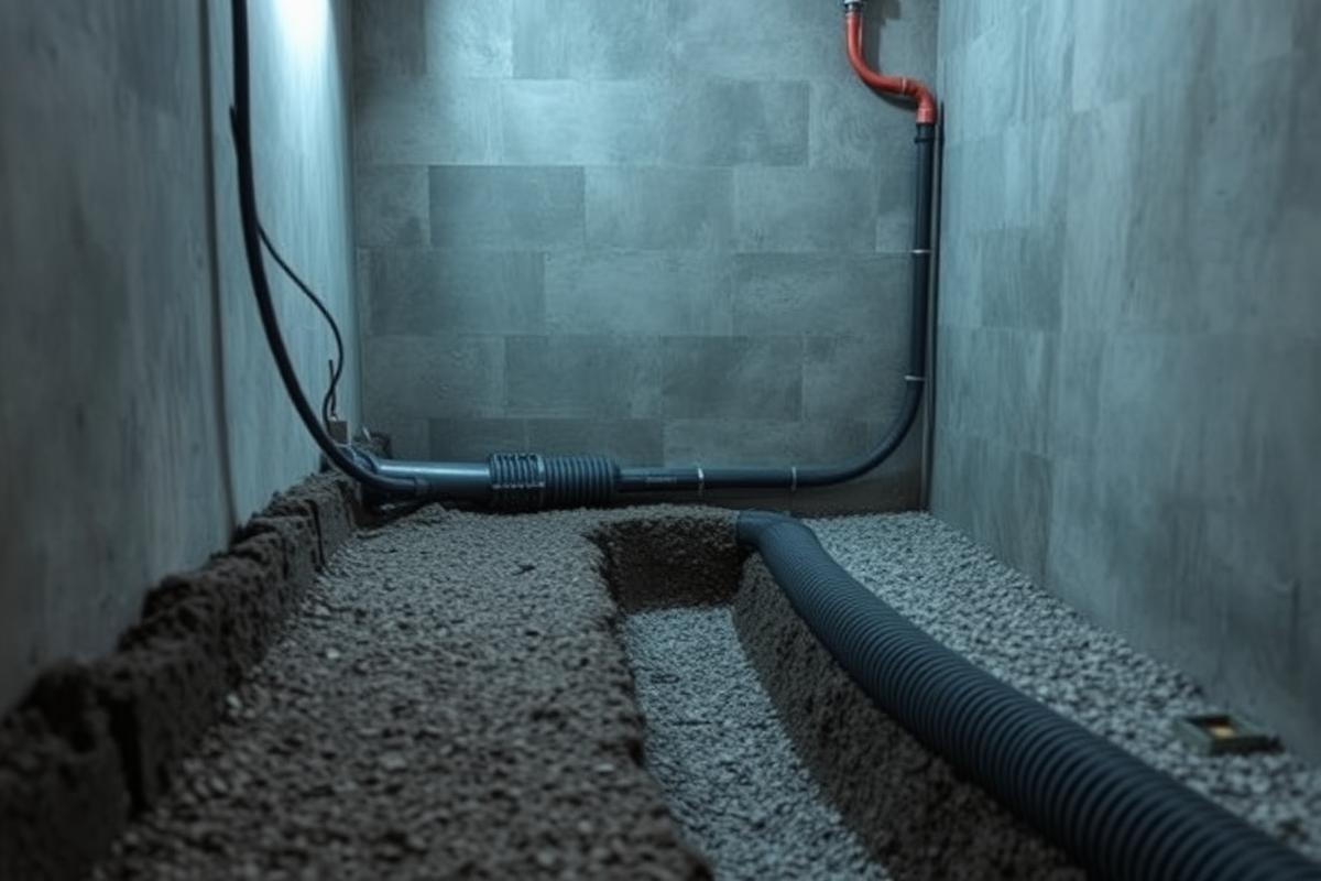 Interior basement waterproofing drainage trench installed in a North York home
